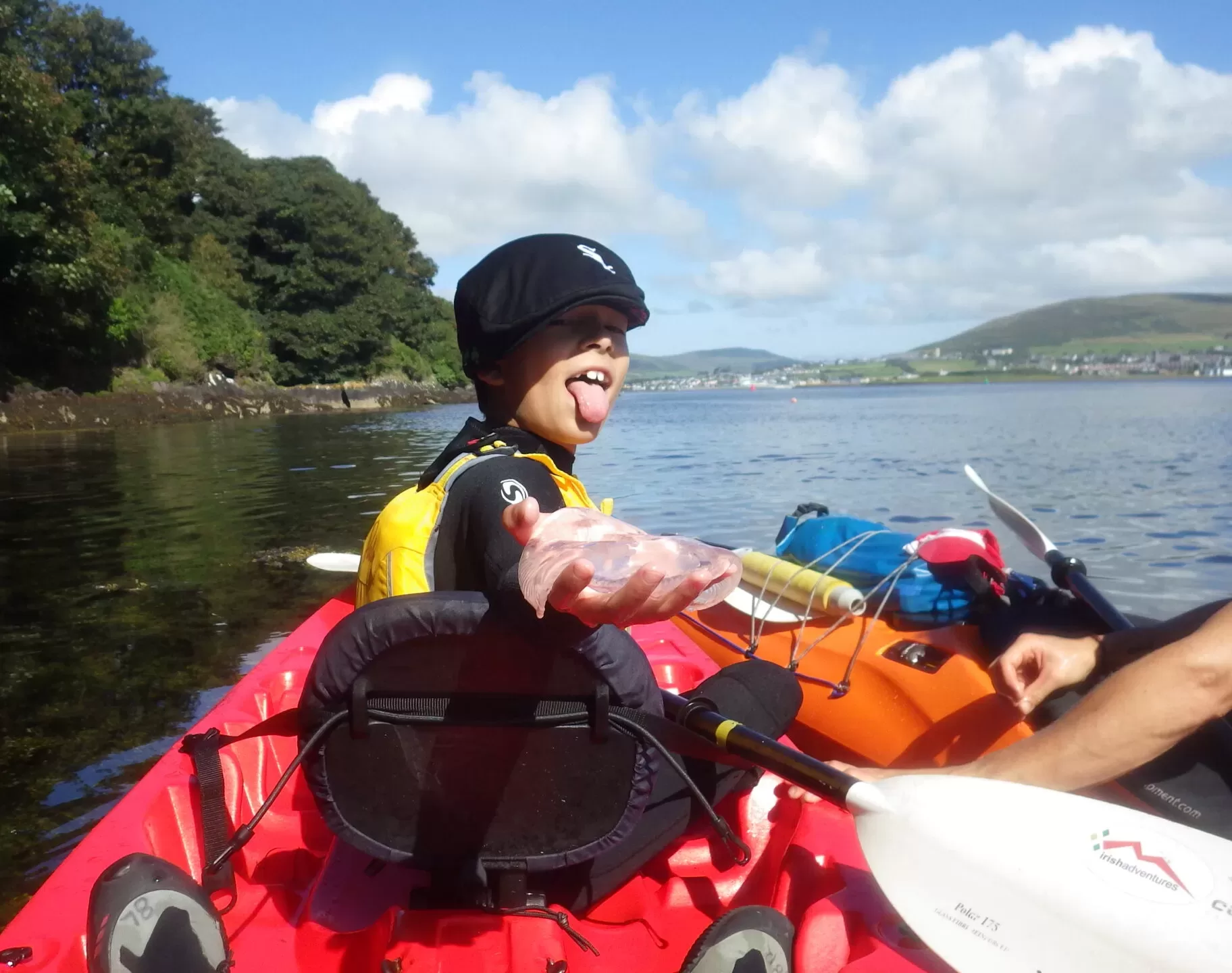 Author, Erika Bud's son holding a jellyfish while kayaking in Dingle Bay, Ireland
