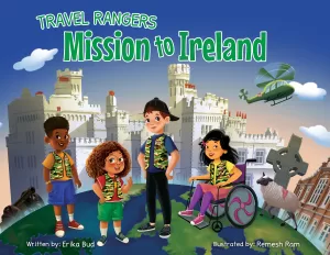 The four Travel Rangers, Kayden, Hannah, Bella, and James are standing on a globe with scences from Ireland including a cannon, sheep, a Celtic cross, and a castle in the background