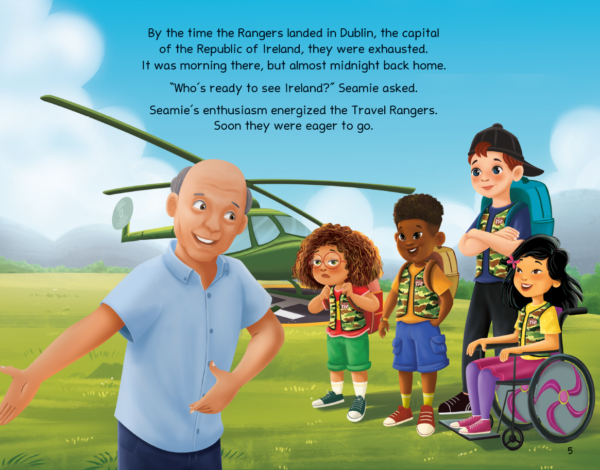 The four travel rangers are standing in front of a helicopter meeting Seamie, looking tired and exited.
